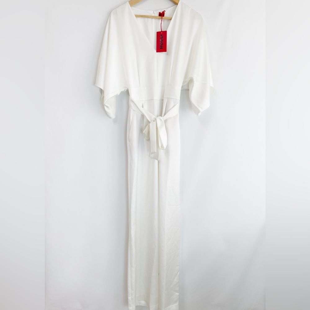HUGO Women's Satin Belted Straight-Leg Jumpsuit With Wide Sleeves And Tie Belt 2
